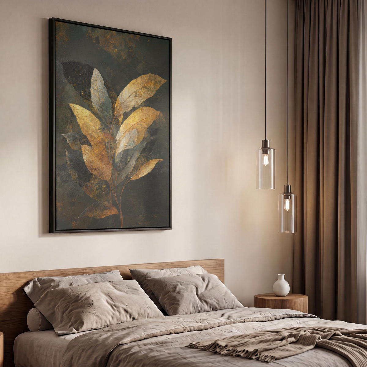 LEINWAND Bilder mit Rahmen - Golden Leaf Komposition - Botanical Luxury - 60x90 - Goldfarben, Textil (60/90cm) - MuchoWow