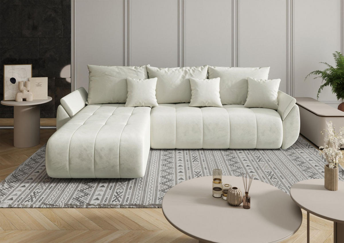 ECKSOFA Romuldi mit Schlaffunktion, Creme Samt, linksseitig - Creme/Schwarz, Kunststoff/Textil (280/185cm) - Selsey