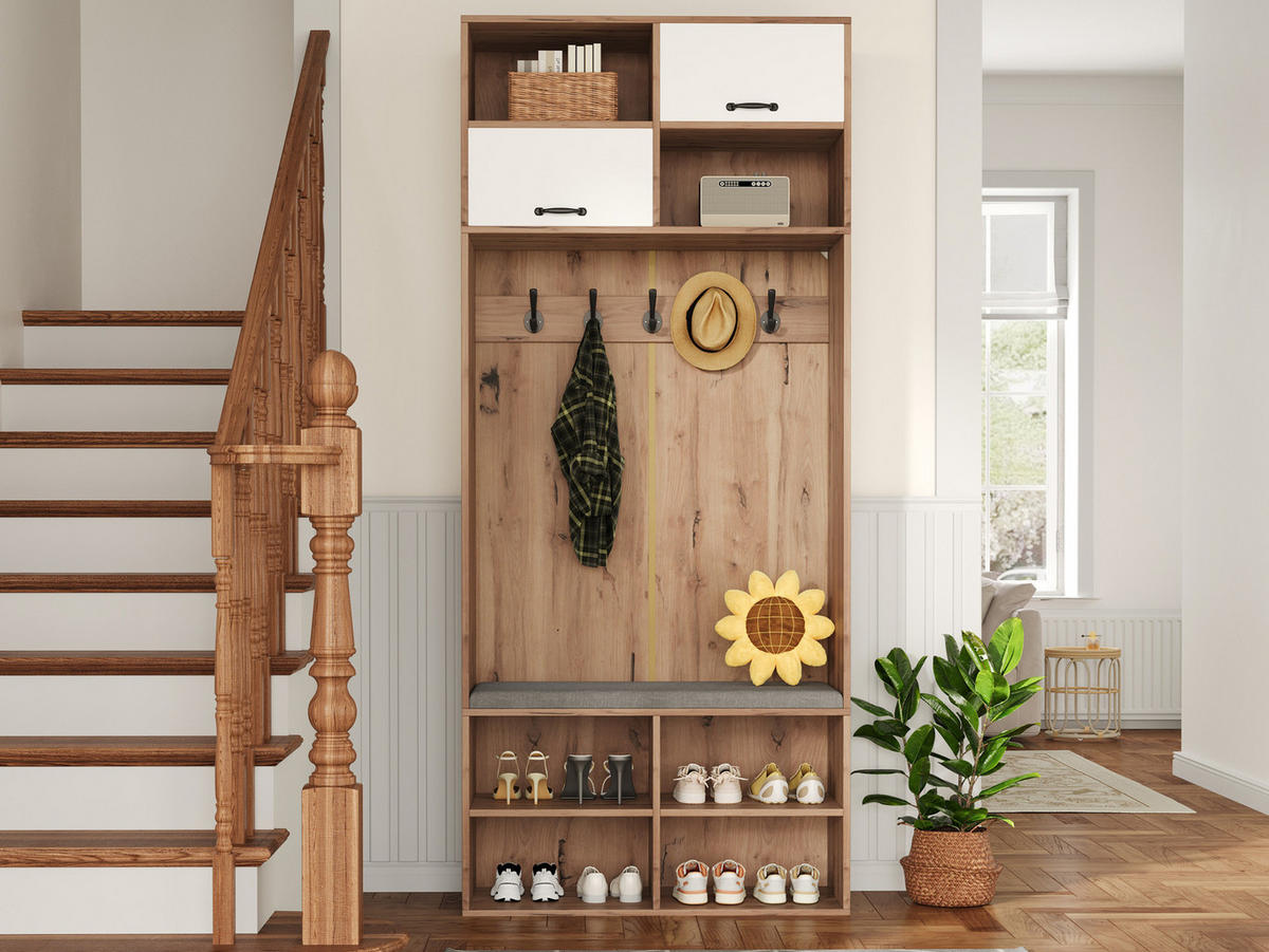 DIELENGARDEROBE mit Sitzbank, 5 Haken und Stauraum, Weiß/Natur, 80/35/185 cm - Naturfarben, Holzwerkstoff (80/185/35cm) - BEAOK