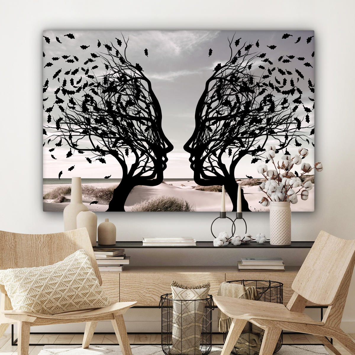 LEINWANDBILD Strand - Meer - Menschen - Baum - Moderne Kunst 150x100 cm - Hellgrau, Textil (150/100cm) - MuchoWow