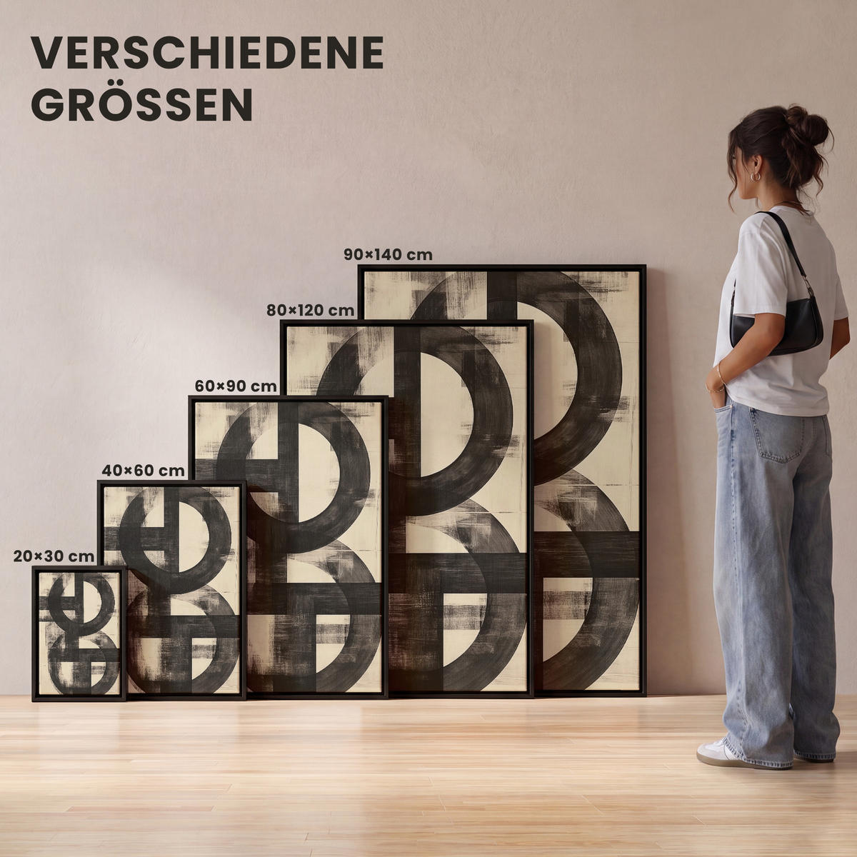 LEINWAND Bilder mit Rahmen - Kreise - Balken - Schwarz - Abstrakt - 20x30 - Schwarz, Textil (20/30cm) - MuchoWow