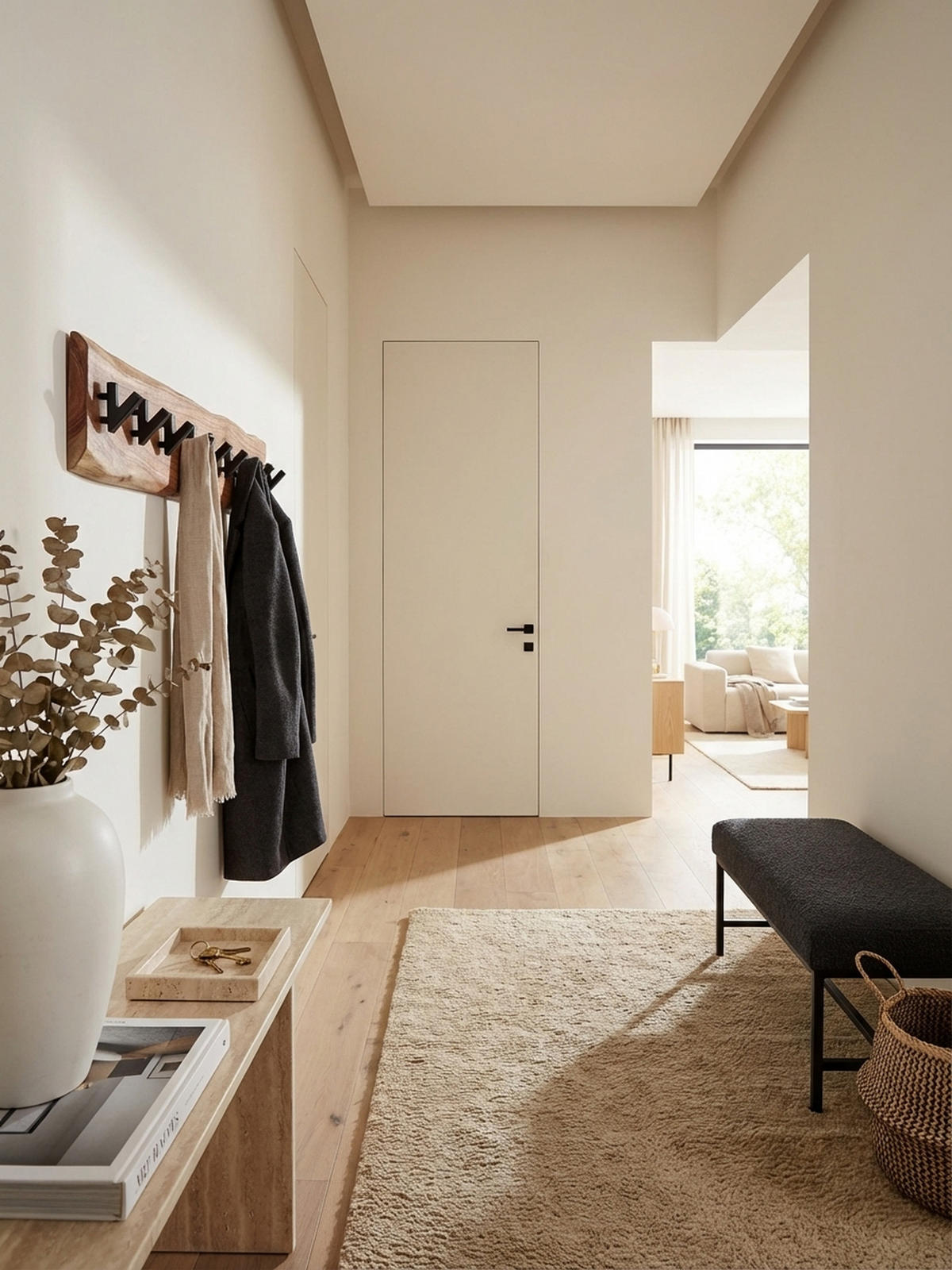 WANDGARDEROBE Massivholz Metall Modern mit Baumkante und 8 Haken - Beige, Holz (90/19/9cm) - KADIMA DESIGN