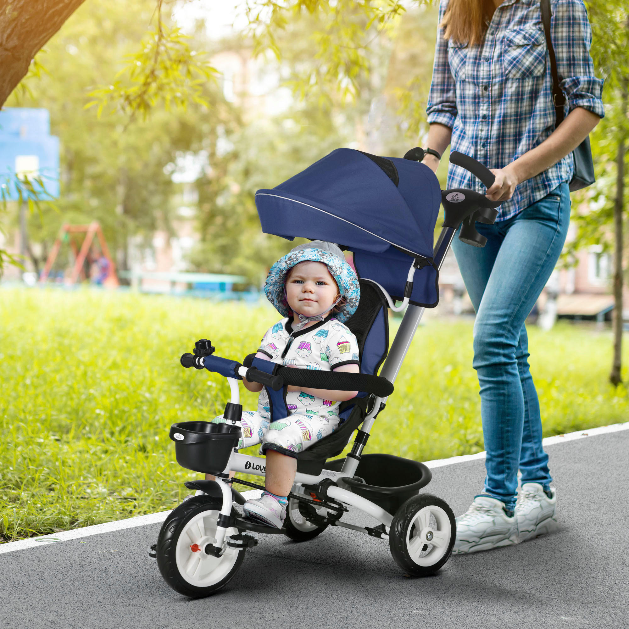 6 in 1 Dreirad mit Schubstange, Kinderdreirad mit Sicherheitsgurt, Sonnendach - Blau, Metall (112/50/104cm) - HOMCOM