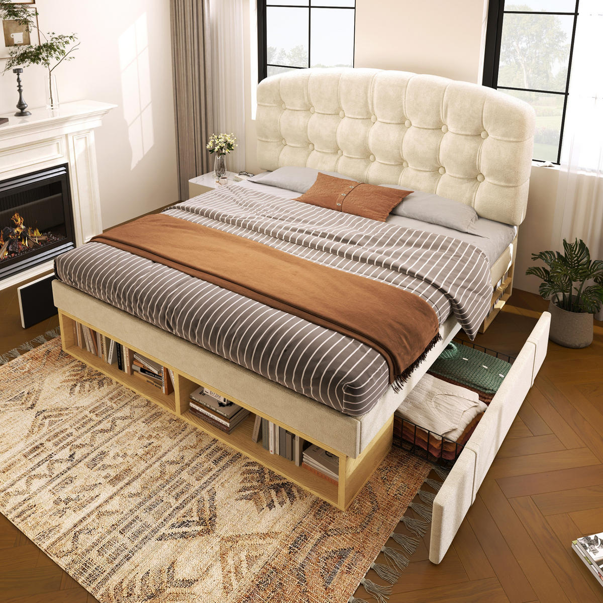 BETT mit Stauraum und Schubladen 90x200 cm Samt Beige - Beige, Metall (90/200cm) - Meubliv