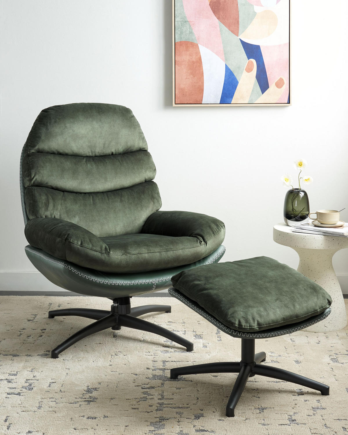 STUHL mit Fußhocker Dunkelgrün Eide - Schwarz/Grün, Textil (78/100/87cm) - Beliani