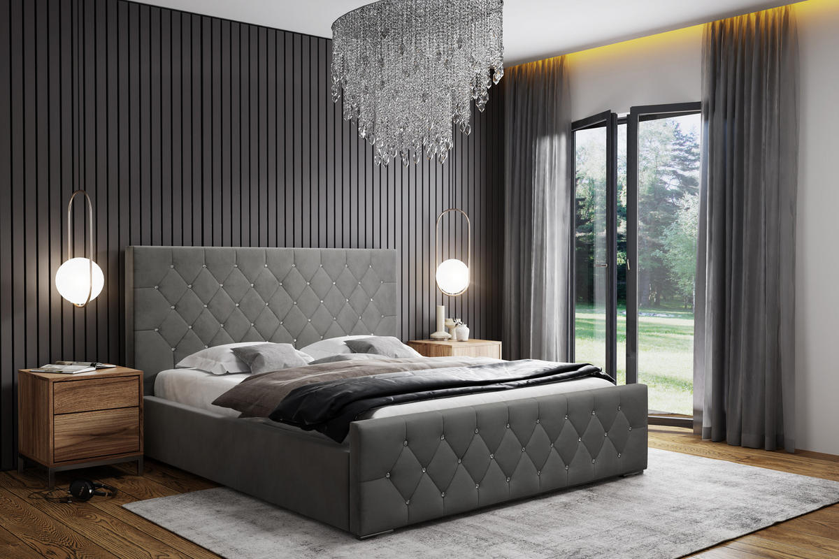 POLSTERBETT Modernes gepolstertes Bett Mona I, hochwertiger Stoff, Bettkasten, elegantes halbrundes Design 140x200 cm, Esche. - Eschefarben/Schwarz, Holzwerkstoff/Kunststoff (140/200cm) - DomoHome
