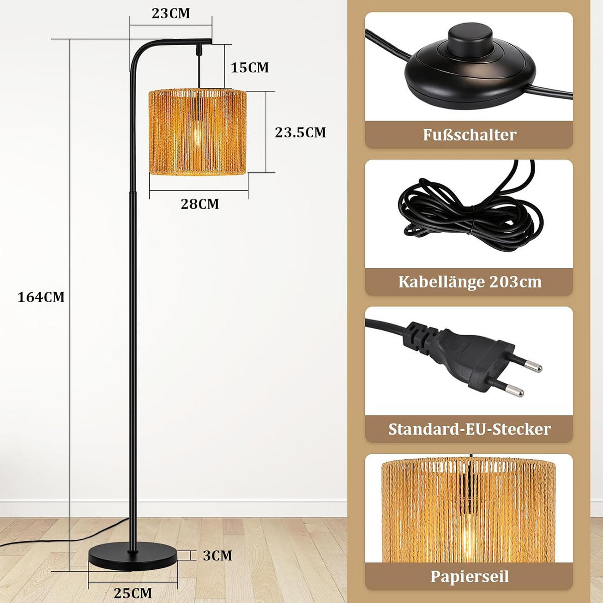STOJACÍ LAMPA 25/23,5/164 cm - černá, kov (23.5/25/164cm) - Nettlife
