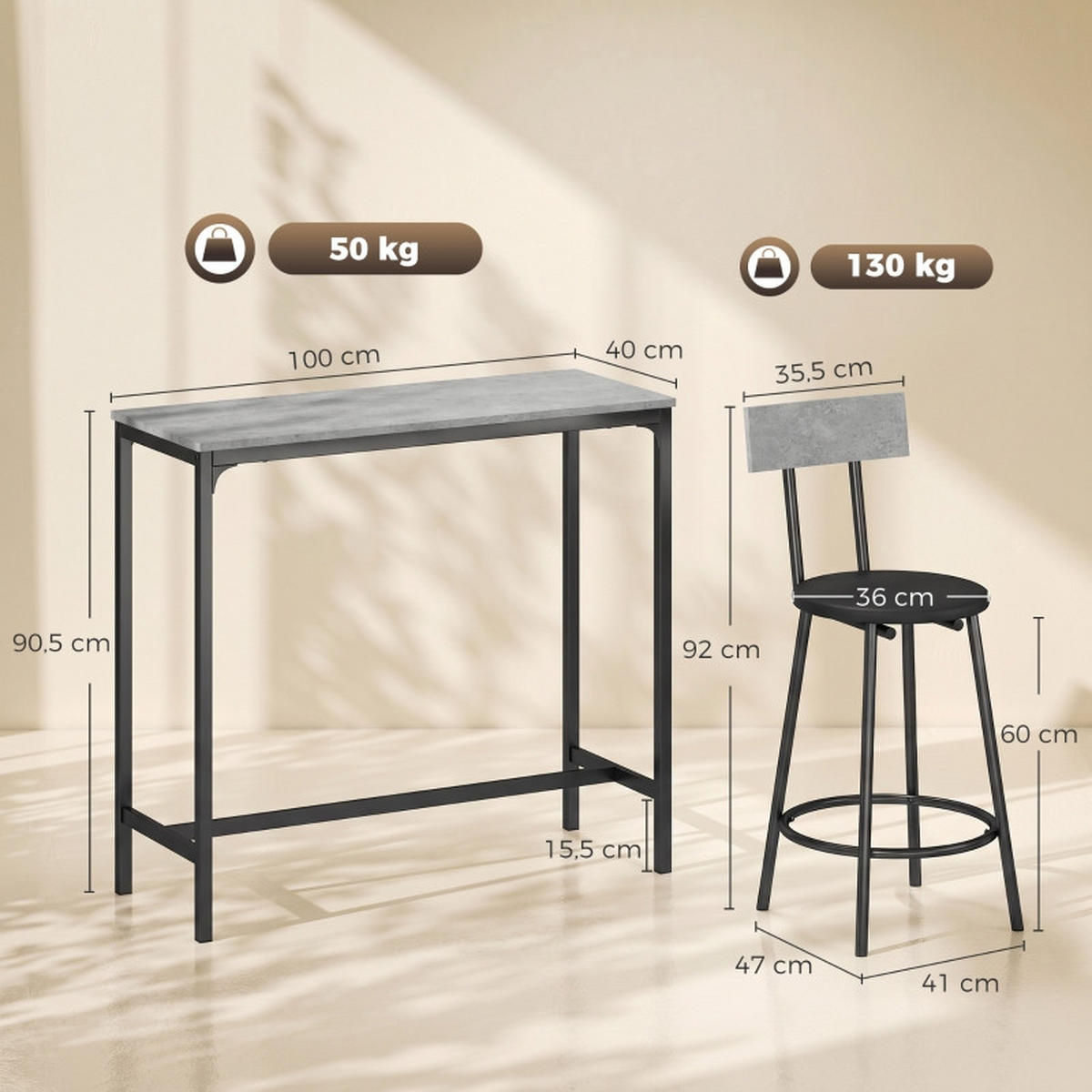 BARTISCH-SET DE-39307 100/40 cm Tisch mit 2 Hockern Grau - Grau, Holzwerkstoff (100/90.5/40cm) - ComfortXL