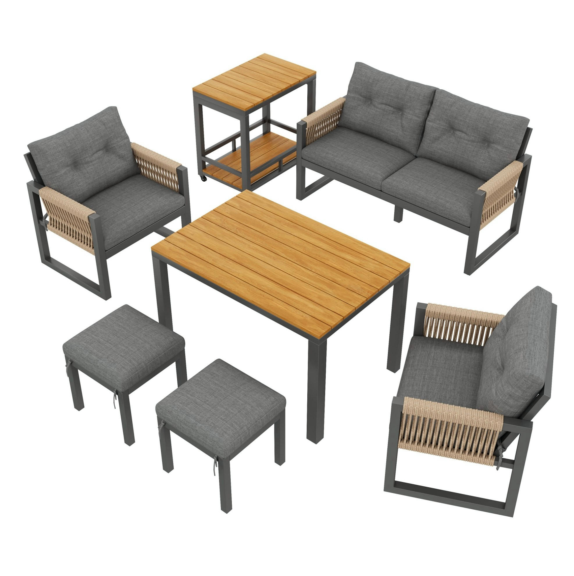 GARTENMÖBEL-SET 150/79,5/75 cm mit abnehmbarem Tisch und Sitzkissen, Seilarmlehnen, Grau/Natur - Grau, Metall - Redom