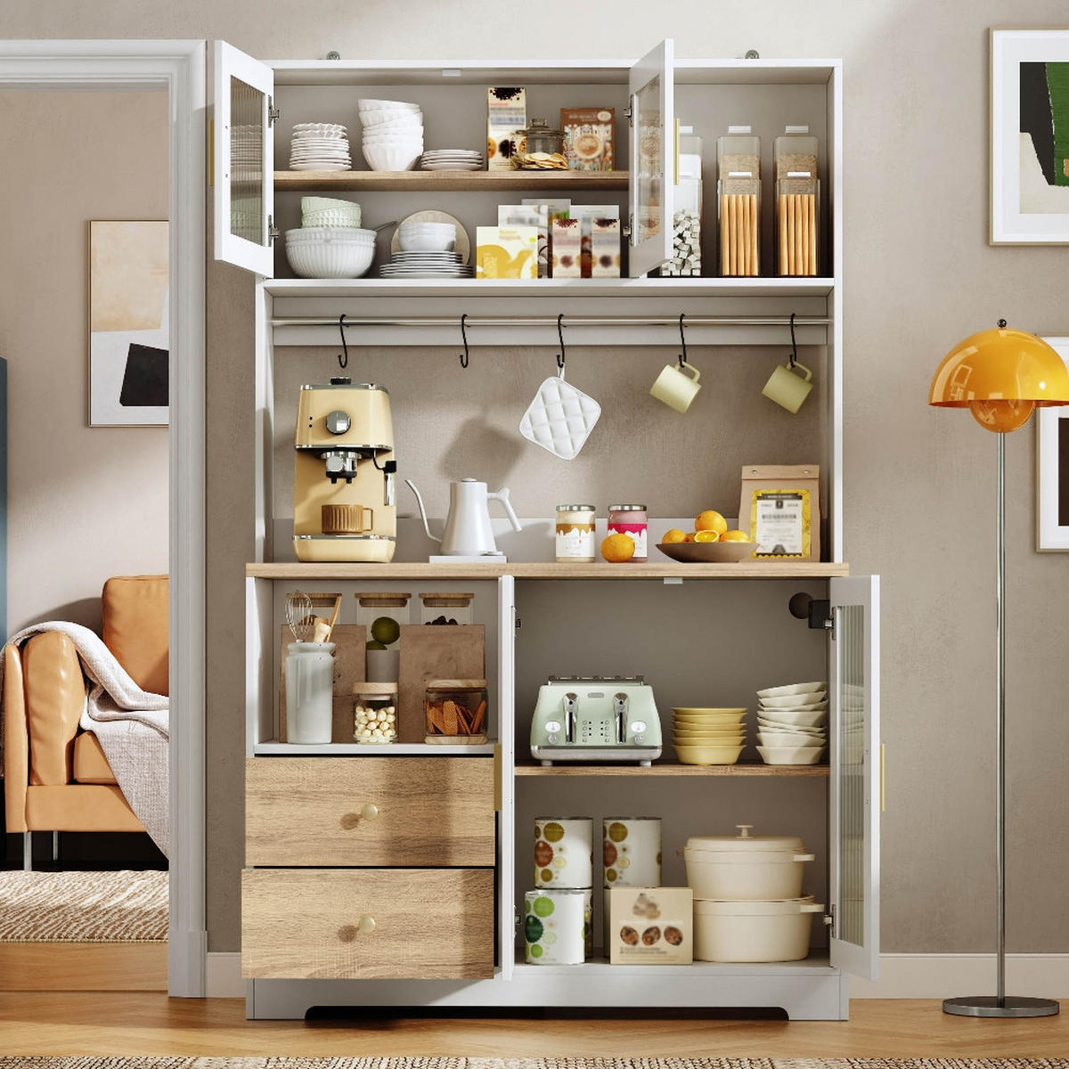 KÜCHENSCHRANK Hochschrank mit LED und Steckdose, Vitrine mit Glastüren, Weiß-Holzoptik, 110/40/178 cm - Naturfarben, Kunststoff (40/178/110cm) - Rolipo
