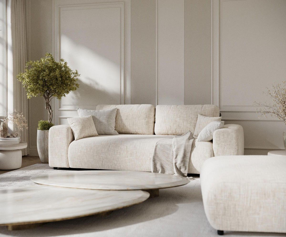 3-SITZER-SOFA Zanzibar Creme Webstoff - Creme/Schwarz, Holz/Holzwerkstoff (213/79/108cm) - Maison de Reve