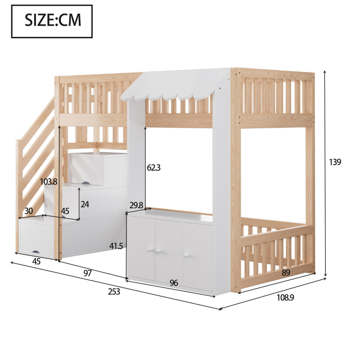 HOCHBETT aus Kiefernholz, Sperrholz und MDF 90x200 cm Holzfarbe mit Stauraumtreppe, LED-Lichtleiste und Stauraum - Naturfarben, Holz (90/200cm) - Modfu