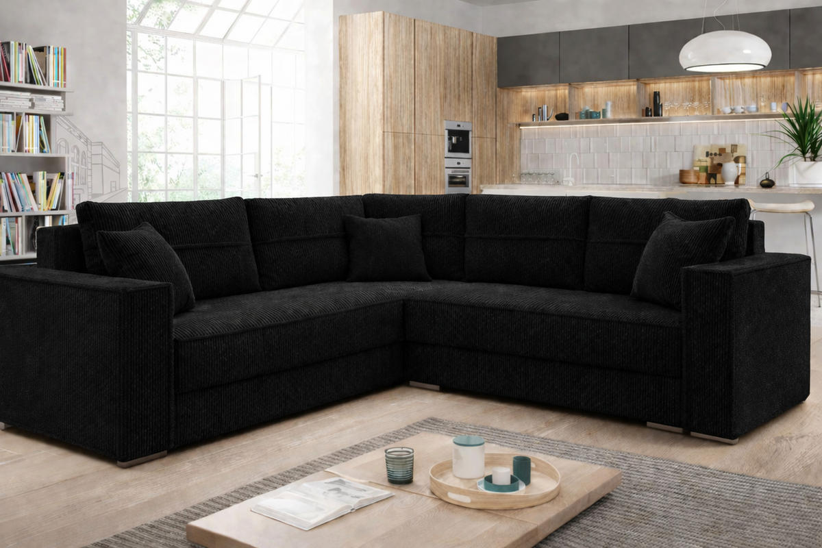 COUCHGARNITUR PARIS – Wohnlandschaft L-Form mit Schlaffunktion & Bettkasten Flauschiger Cord Stoff POSO Schwarz - Schwarz, Kunststoff (239/222cm) - Wohnideebilder