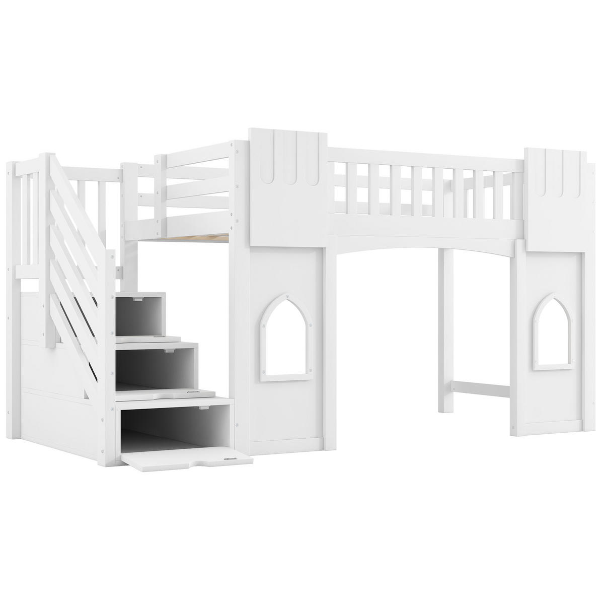 HOCHBETT 90/200 cm mit Stauraumtreppe, Fenstern und Rundum-Schutz, Weiß - Weiß, Holzwerkstoff (90/200cm) - Redom