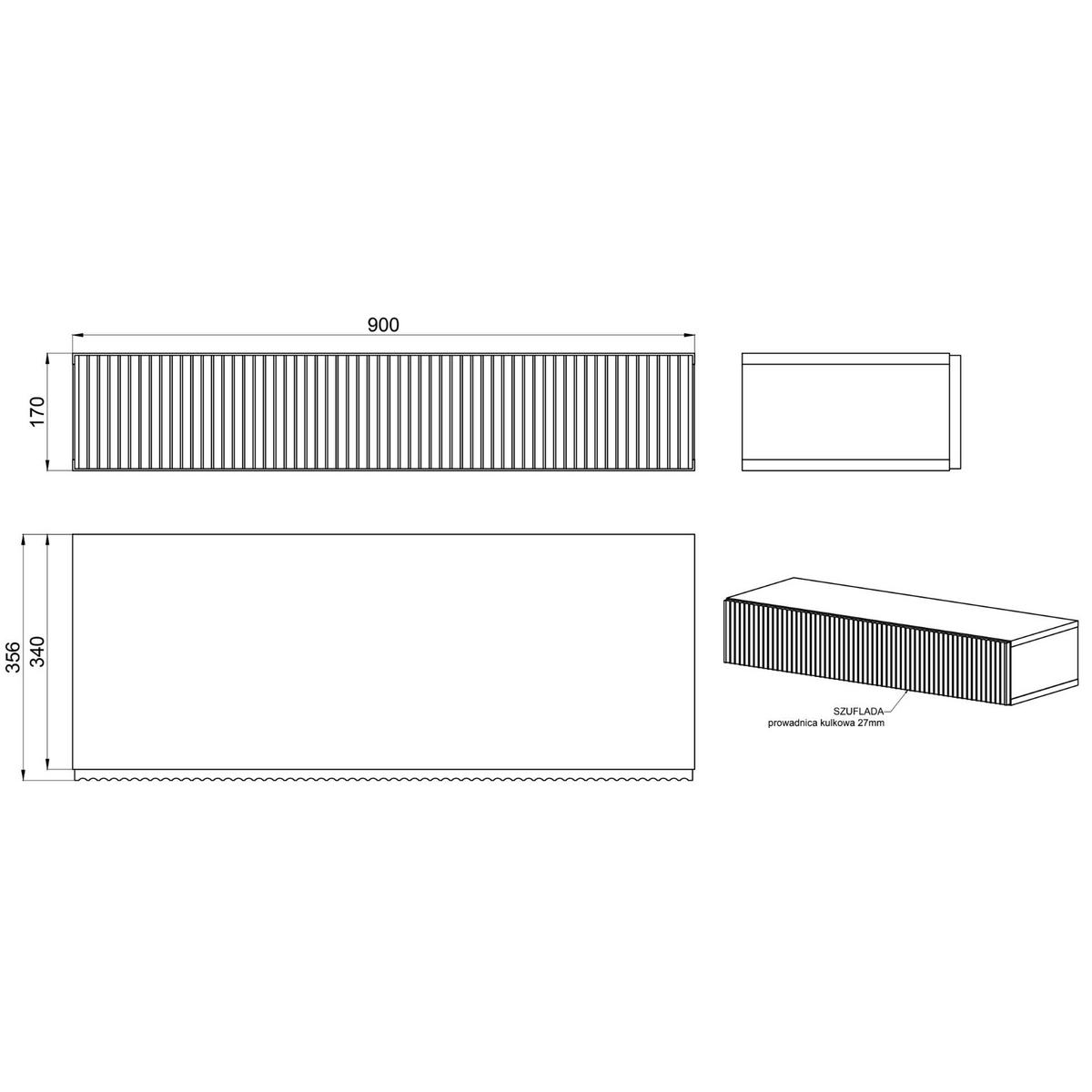 HÄNGEKONSOLE Nolie Holzoptik Esche Schwarz mit Schublade 90 cm - Schwarz, Holzwerkstoff (90/17/35.6cm) - Selsey