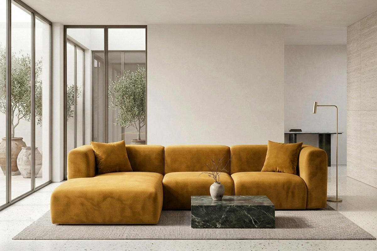 ECKSOFA L-Form, Velvet-Stoff Bluvel, Golden, Links, GRETA - Goldfarben, Holz (318/179cm) - Kaiser Möbel