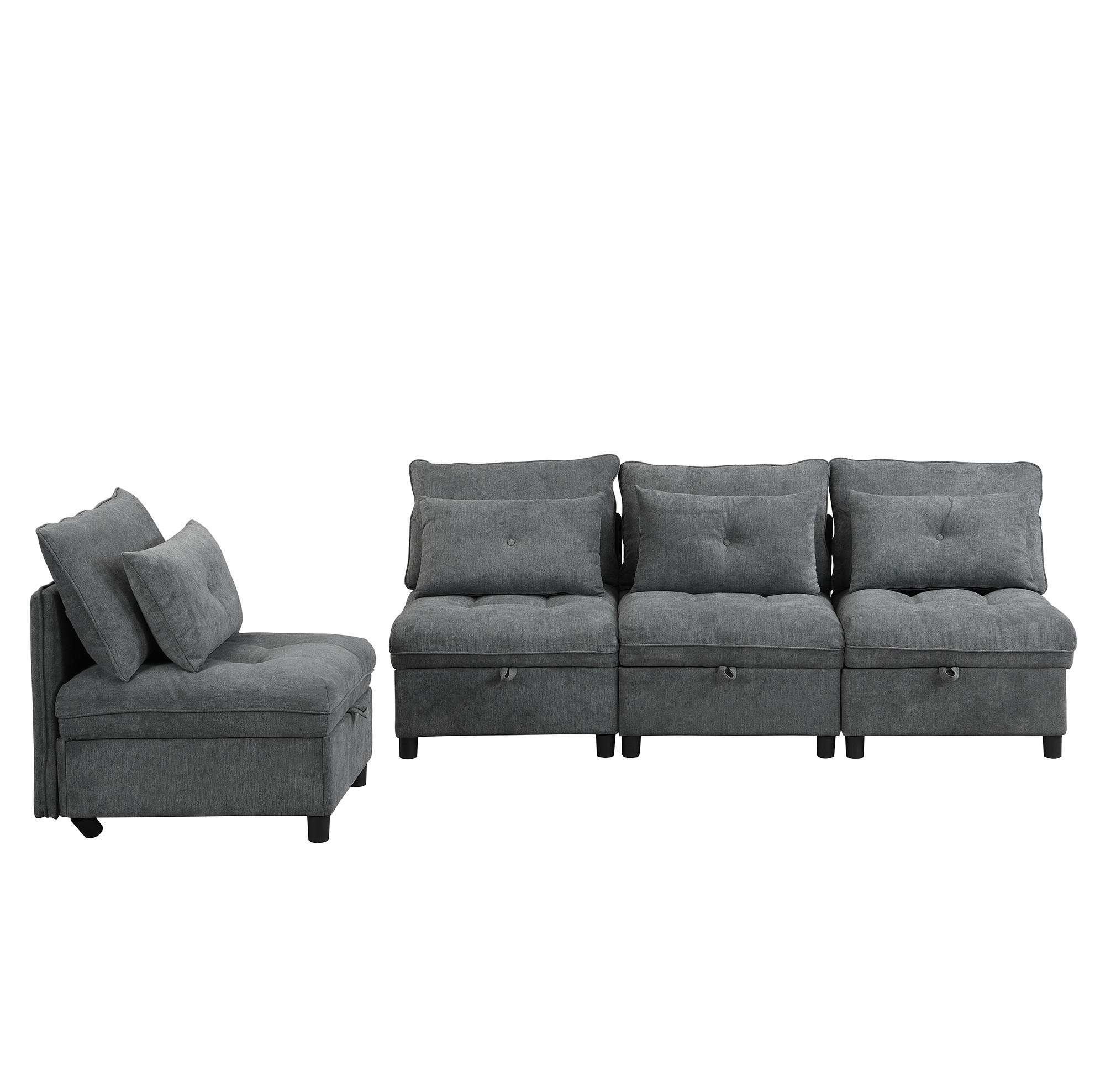 MODULÁRNA pohovka s poťahom chenille, 4-miestna, antique gray, s úložným priestorom a lôžkom,274/76/87 cm - tmavosivá, plast (274/87/76cm) - BEAOK