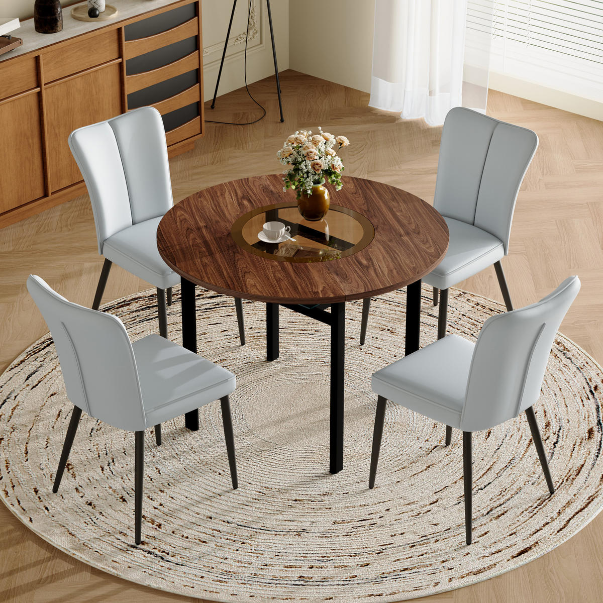ESSGRUPPE DE-39368 5-teilig, mit 4 PU-Stühlen und Glasplatte Hellgrau - Hellgrau, Metall (100/76/100cm) - ComfortXL