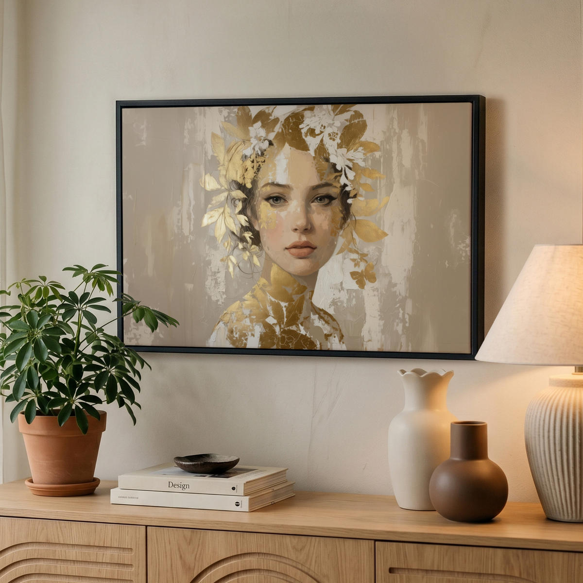 LEINWAND Bilder mit Rahmen - Gesicht - Frau - Blätter - Gold - 60x40 - Beige, Textil (60/40cm) - MuchoWow