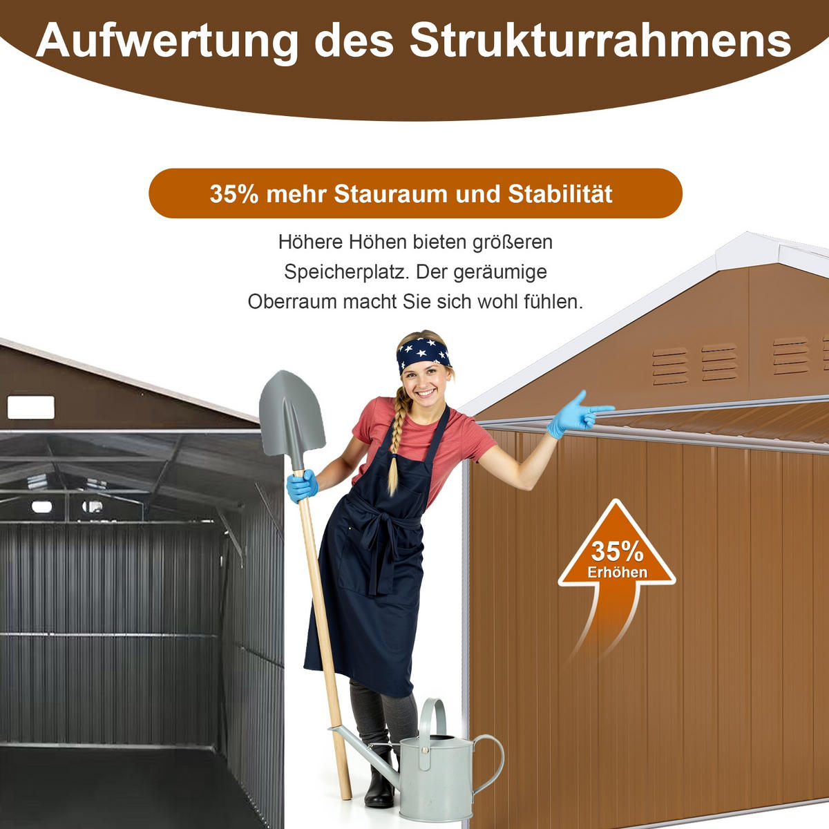 GERÄTEHAUS 360/298/194 cm Braun mit Fenstern, verschließbarer Tür und Belüftung, ohne Boden - Braun, Metall (298/194/360cm) - Oxeza