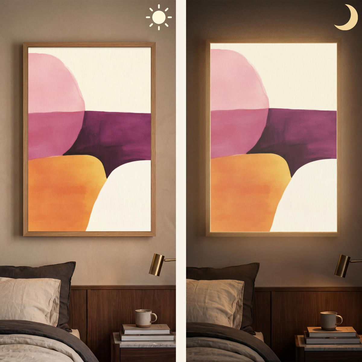 NÁSTĚNNÁ LAMPA S AKUMULÁTOREM Tvary - abstraktní - barevné 60x90 cm - růžová, kompozitní dřevo (60/90/8cm) - OnlyWow