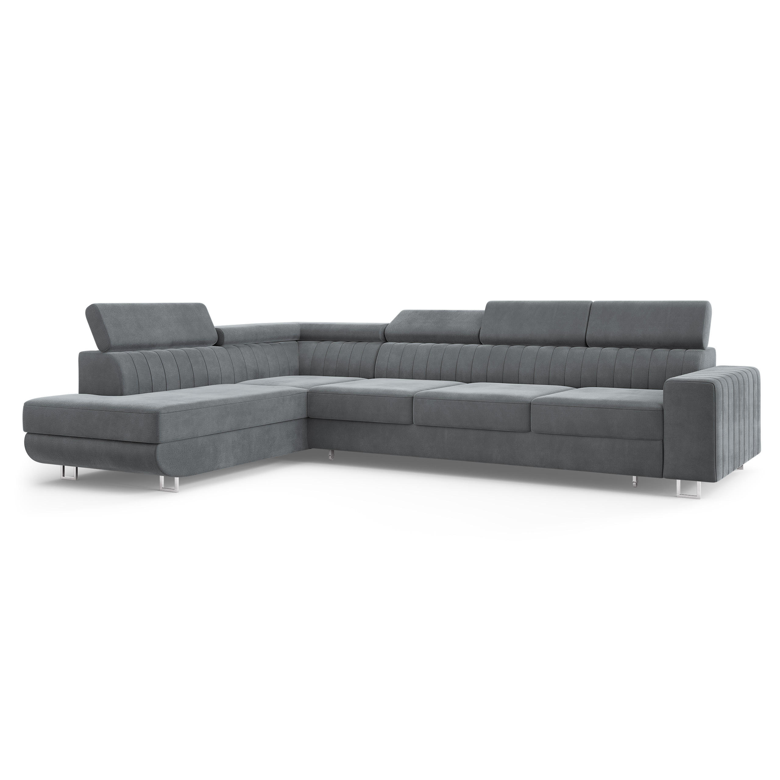 ECKSOFA HESTION Grau Velours-Stoff mit Schlaffunktion - Grau, Holz (332/190cm) - MASSENO