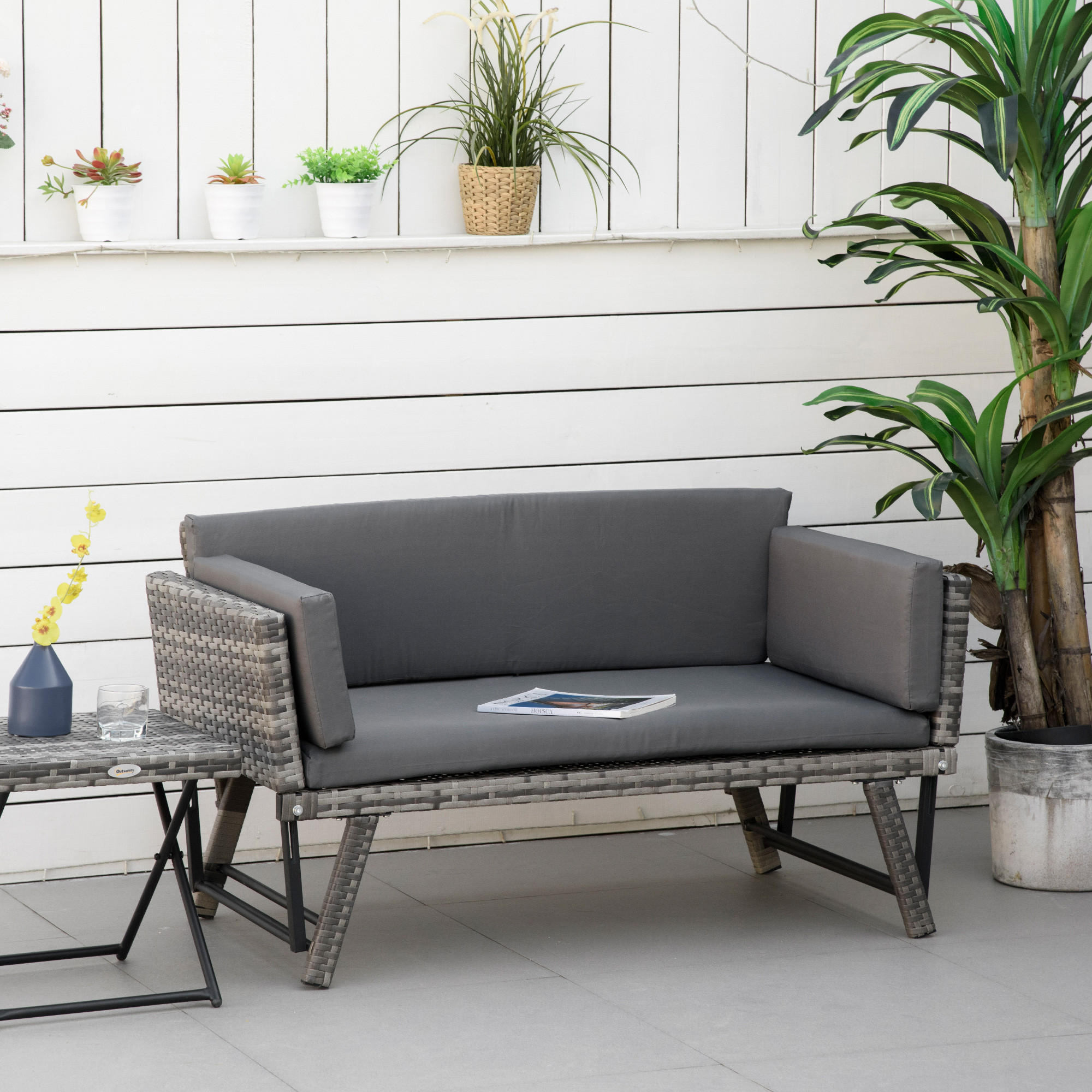 POLYRATTAN Gartensofa, Stahl, Grau - Grau, Metall (63/67/129cm) - Outsunny