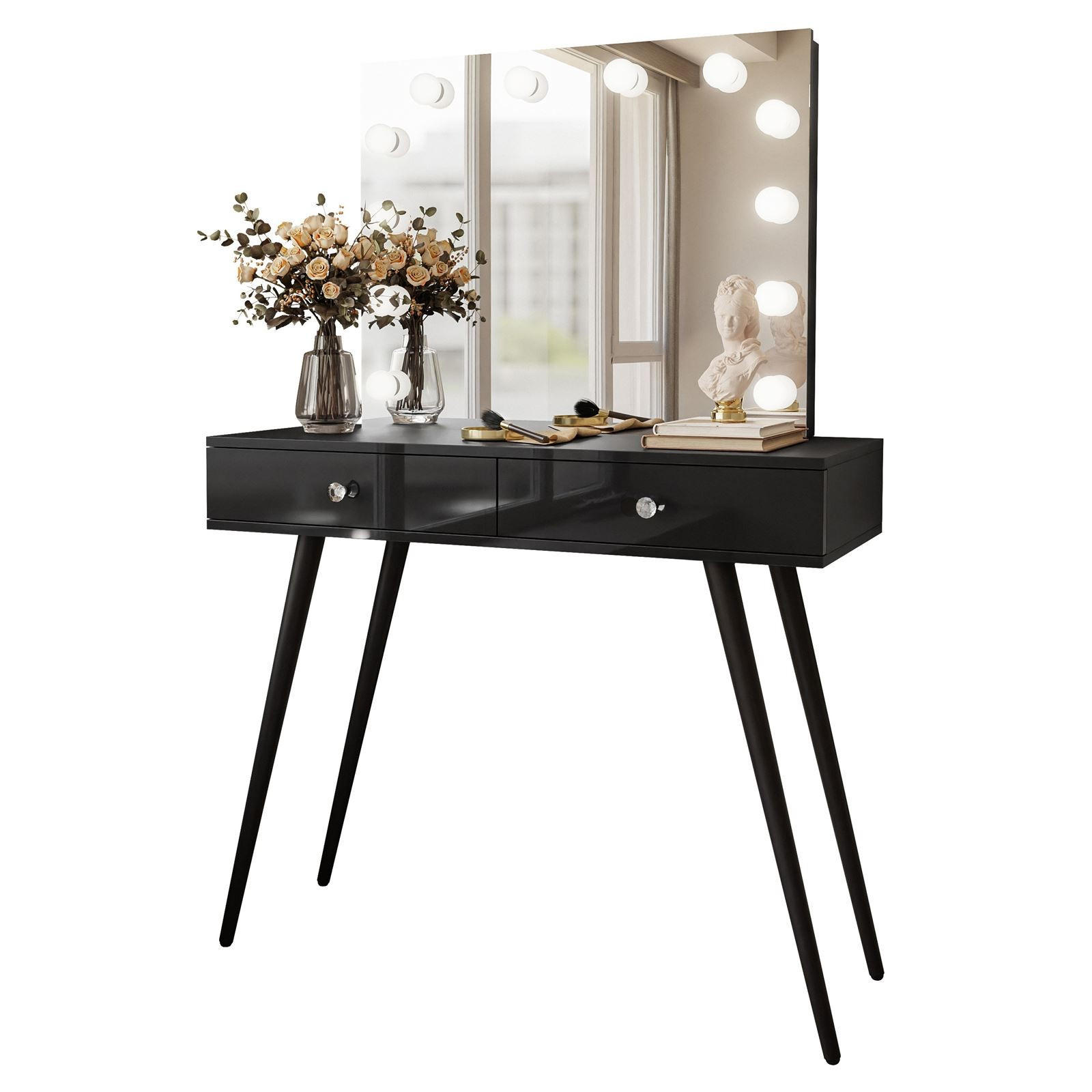 SCHMINKTISCH SIENNA LOFT ELITE mit Spiegel - Schwarz Hochglanz/Schwarz, Holzwerkstoff (100/81/42cm)