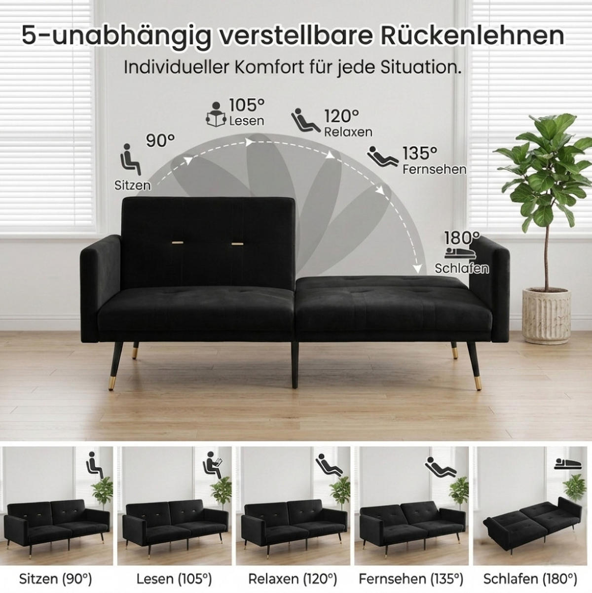 SCHLAFSOFA aus Samt in Schwarz mit verstellbaren Rückenlehnen - Schwarz, Textil (164/70/89cm) - Modfu