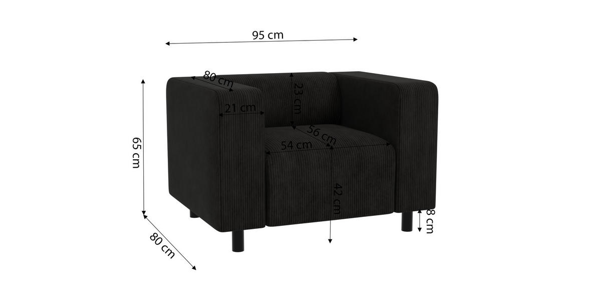 SITZGARNITUR 3+1 Tove Schwarz Cord - Schwarz, Holz/Kunststoff (175/65/80cm) - S-Style Möbel