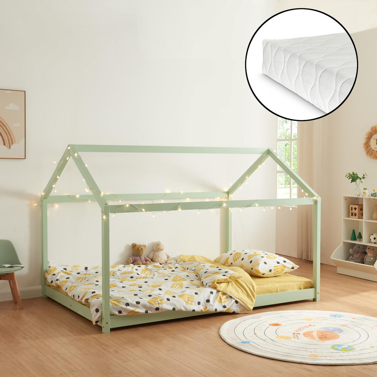 HAUSBETT Cerro mit Matratze - Mintgrün, Holz/Textil (120/200cm) - [en.casa]