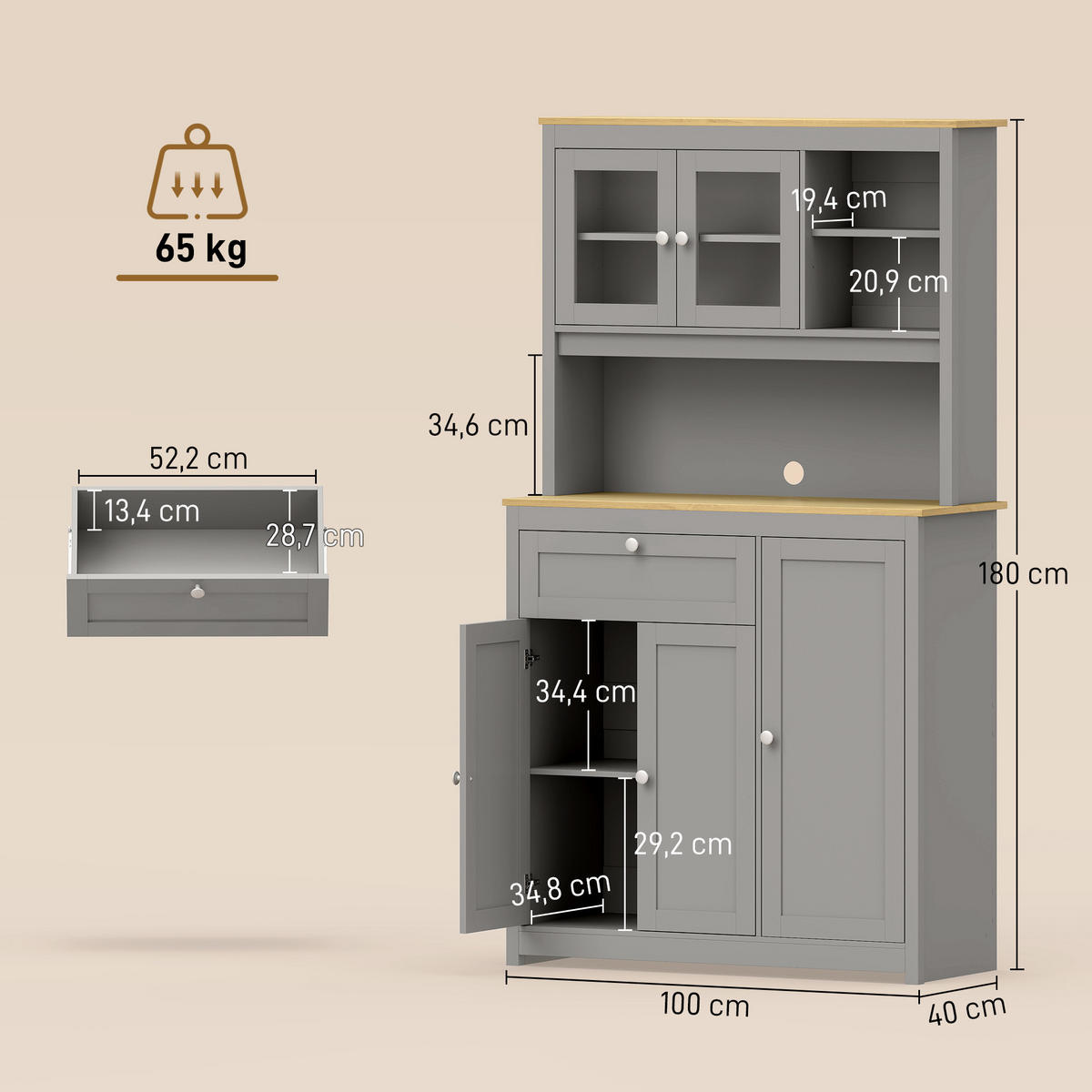 KÜCHENSCHRANK MDF Spanplatte Grau - Grau, Holzwerkstoff/Metall (40/180/100cm) - HOMCOM
