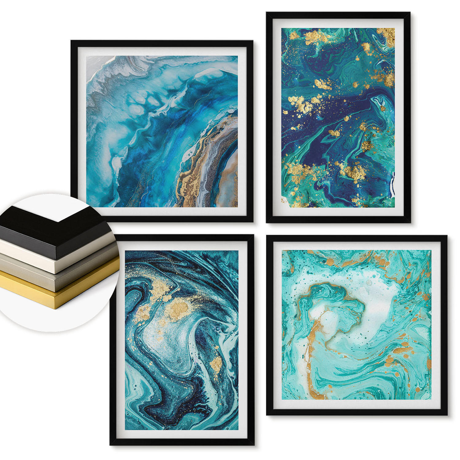 WANDBILDER 4er-Set - 50x50 cm & 40x60 cm Schwarzer Rahmen - Abstraktionen dekorativer Malerei - Schwarz, Kunststoff (50/50cm) - ArtPrintCave