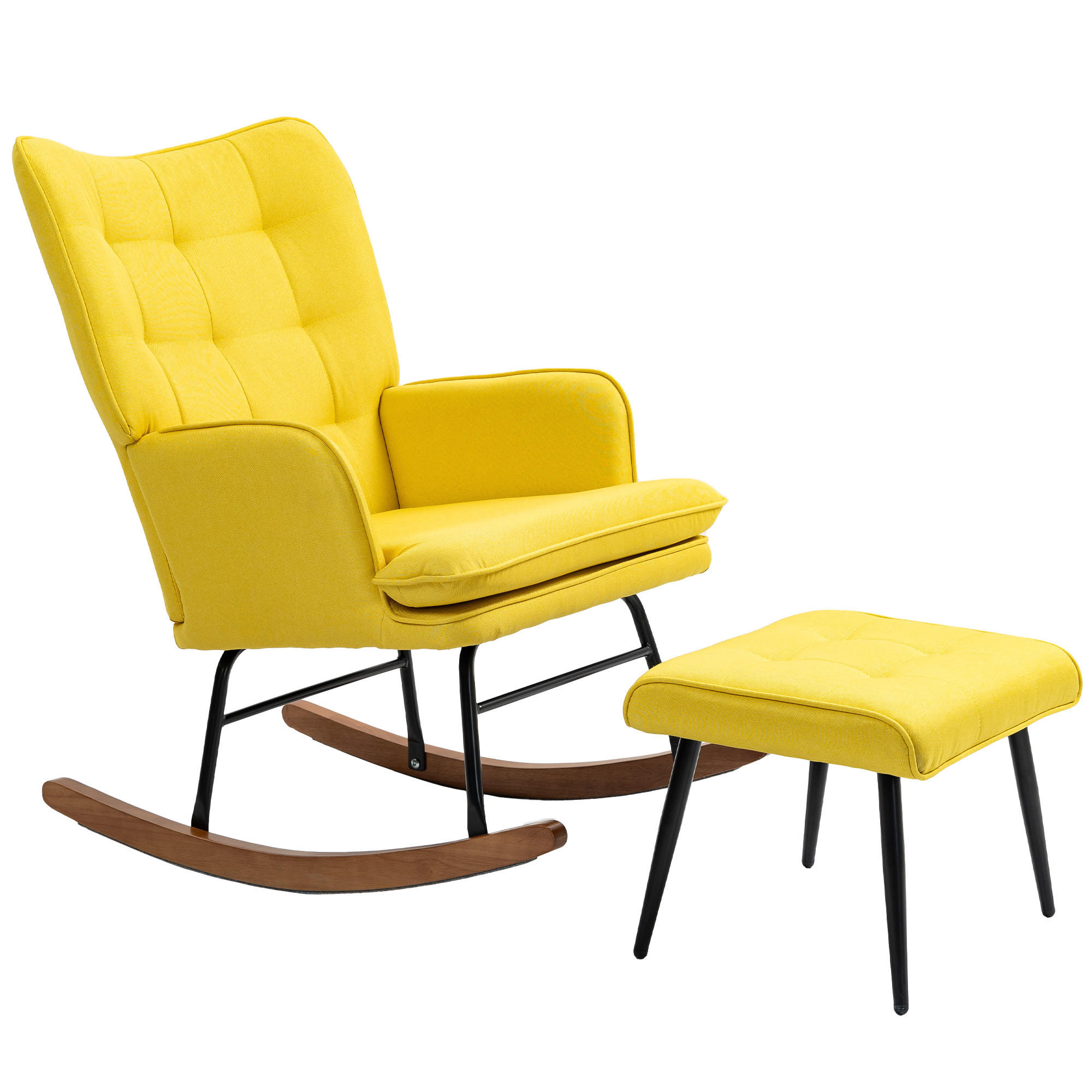 SCHAUKELSTUHL Schwingsessel mit Hocker Armlehnsessel Relaxsessel mit Leinenoptik - Gelb, Holz (89/90/64cm) - HOMCOM