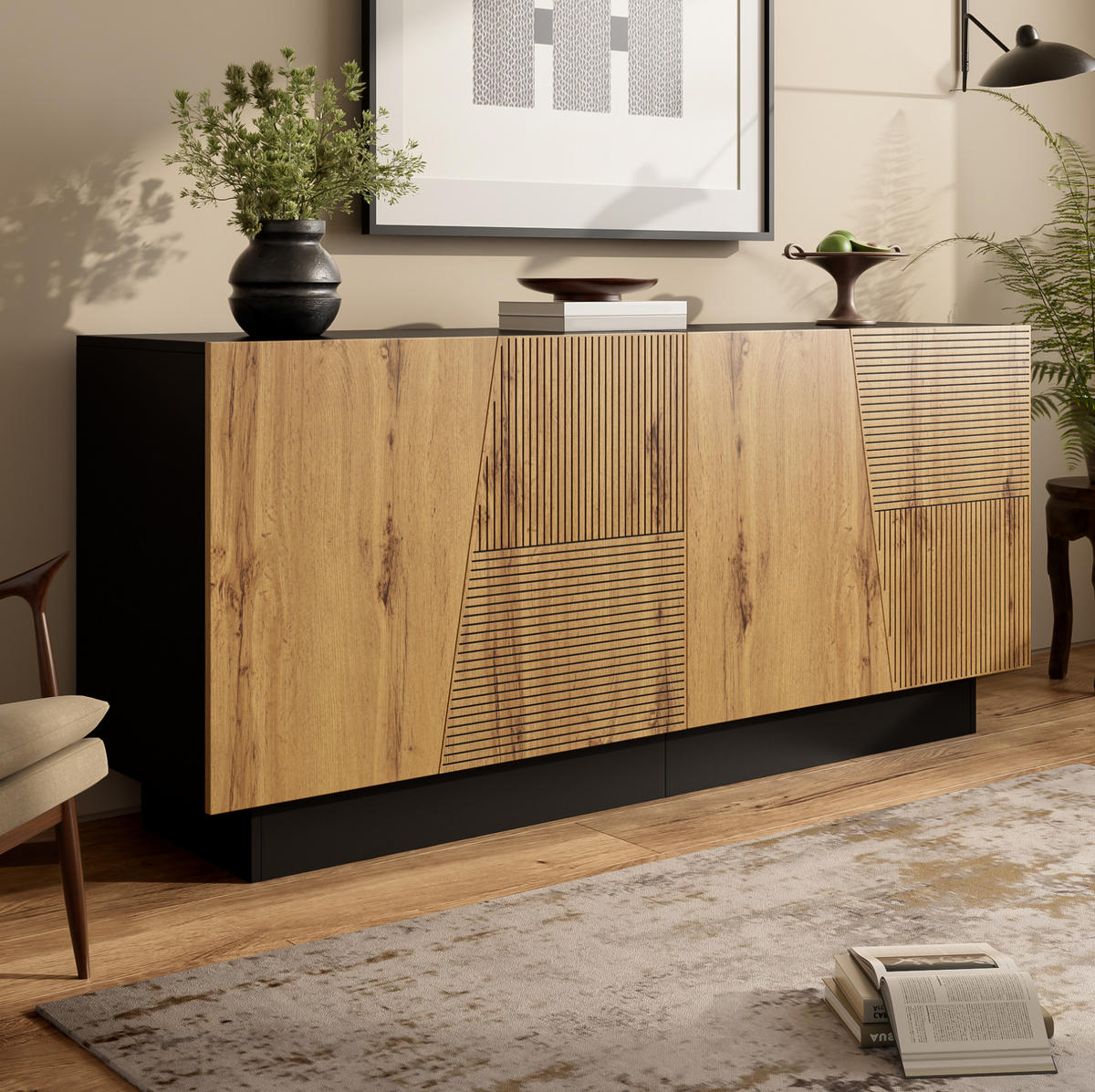 SIDEBOARD 160/40/72 cm Schwarz und Holzfarbe aus Spanplatte mit Stauraum - Schwarz, Holzwerkstoff (40/72/160cm) - OKWISH