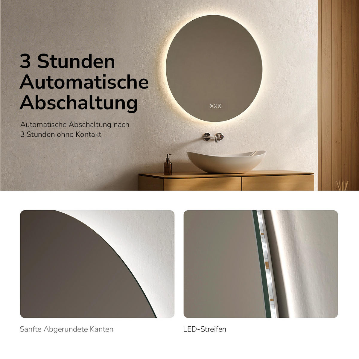 BADSPIEGEL Rund mit Beleuchtung Rahmenlos, 3 Lichtfarben, beschlagfrei, Ø 80 cm - Weiß, Glas (80/3.5/80cm) - EMKE