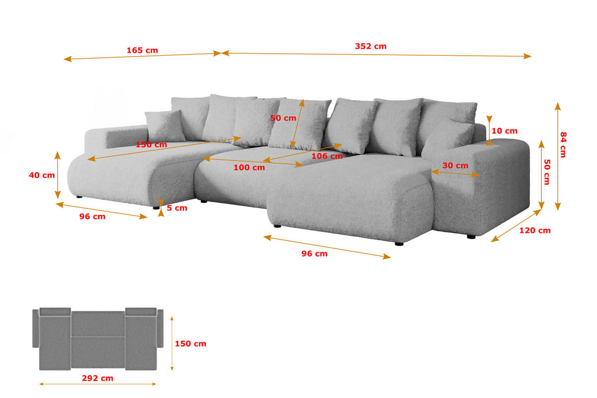 WOHNLANDSCHAFT mit Schlaffunktion und Bettkasten ESKAR-U -352x165x84cm Grau Bouclé - Hellgrau/Schwarz, Holzwerkstoff/Kunststoff (352/84/165cm) - ALTDECOR