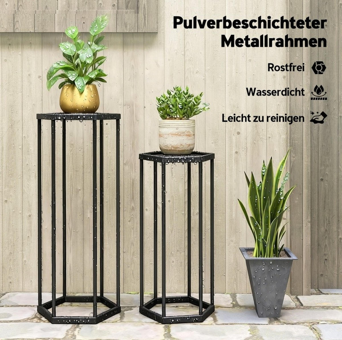 STANDREGAL aus Metall 31x27x75 cm und 28x25x60 cm Schwarz für Innen- und Außenbereich im hexagonalen Design - Schwarz, Metall (31/75/27cm) - Modfu