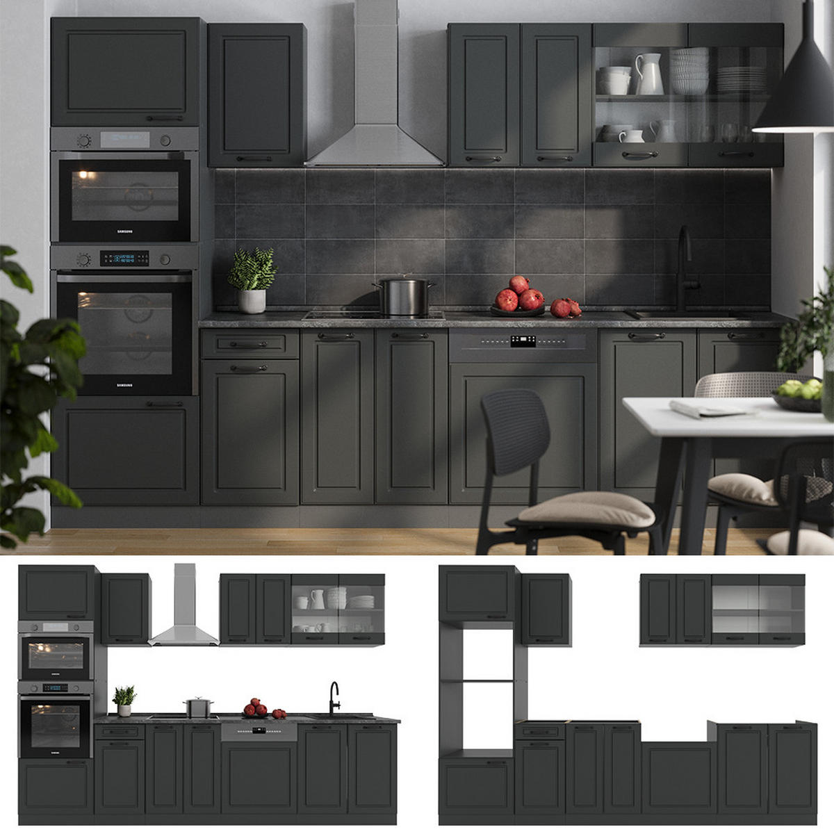 KÜCHENZEILE R-Line Anthrazit Landhaus/Anthrazit 300 cm mit Hochschrank, ohne Arbeitsplatte - Anthrazit, Holzwerkstoff (300/81.6/46cm) - Vicco