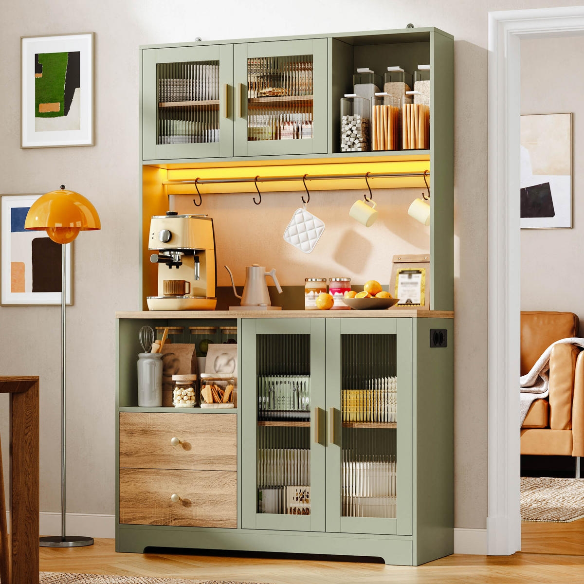 BUFFET 178 cm MDF Antikgrün Holzoptik mit RGB-LED und Glasfront - Hellgrün, Holzwerkstoff (40/178/110cm) - Korfee