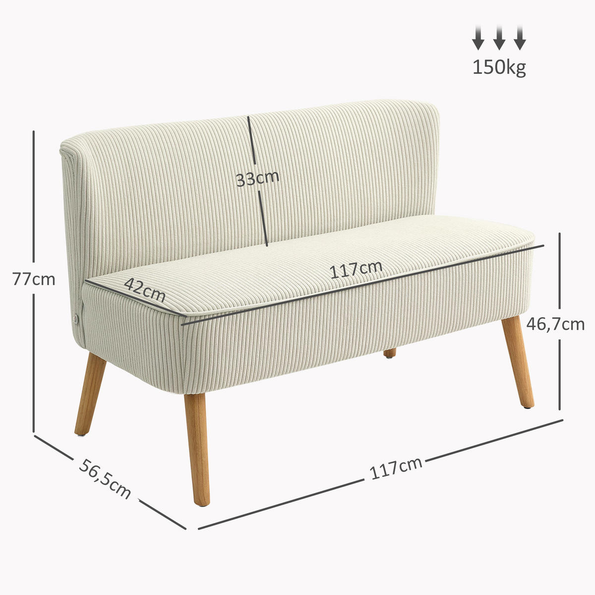 SOFA 2 Sitzer modern Couch ohne Armlehne Polstersofa mit Cord-Optik Cremeweiß - Beige, Textil (56.5/77/117cm) - HOMCOM