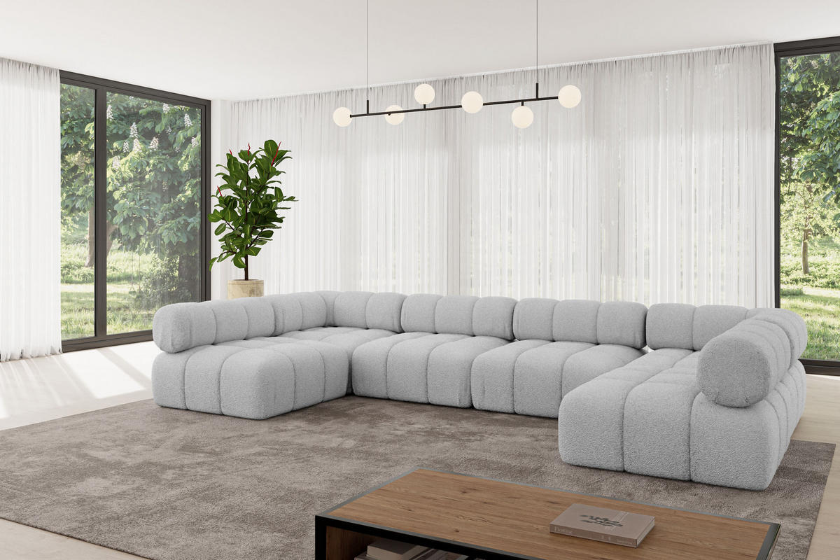 WOHNLANDSCHAFT modulares Sofa Garvo-U2 - 380x190x70 cm Hellgrau Bouclé - Hellgrau, Holzwerkstoff/Textil (380/70/190cm) - ALTDECOR