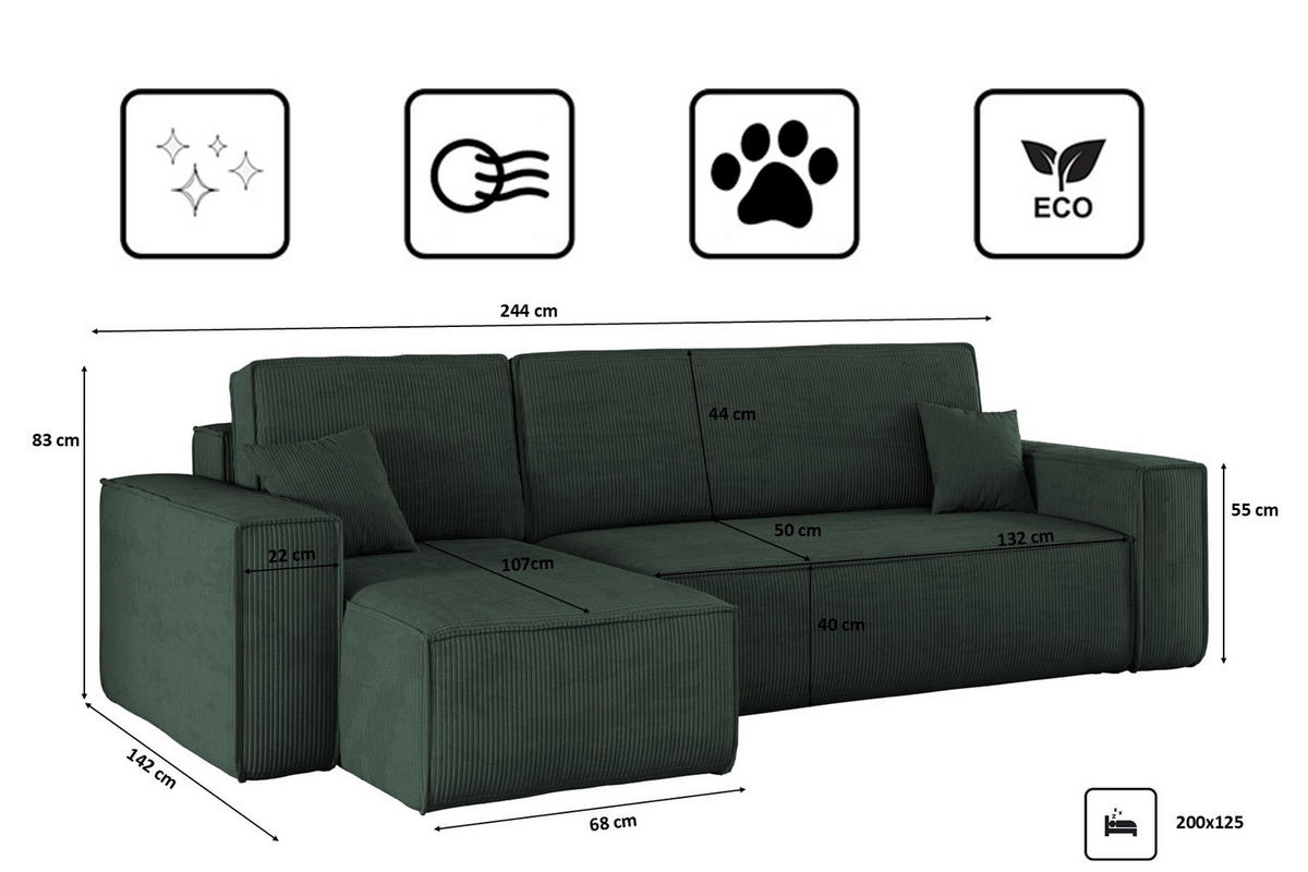 ECKSOFA Mit Schlaffunktion Und Bettkasten BEST Stoff Poso Dicker Cord Grün Links - Grün, Holz/Textil (142/244cm) - Kaiser Möbel