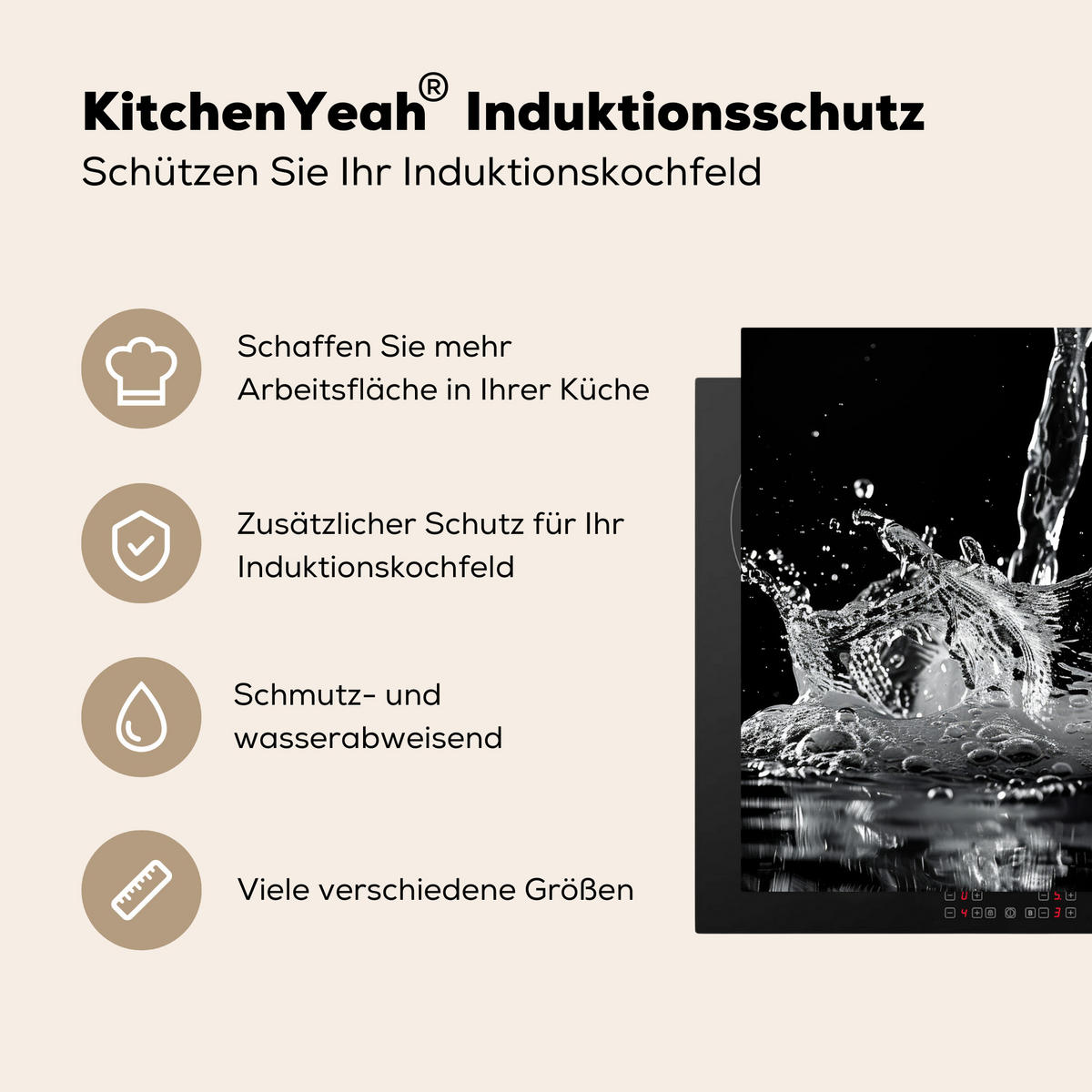 HERDABDECKPLATTE Wasser - Spritzwasser - Schwarz Induktionsmatte 78x78 cm - Schwarz, Kunststoff (78/78/0.2cm) - MuchoWow