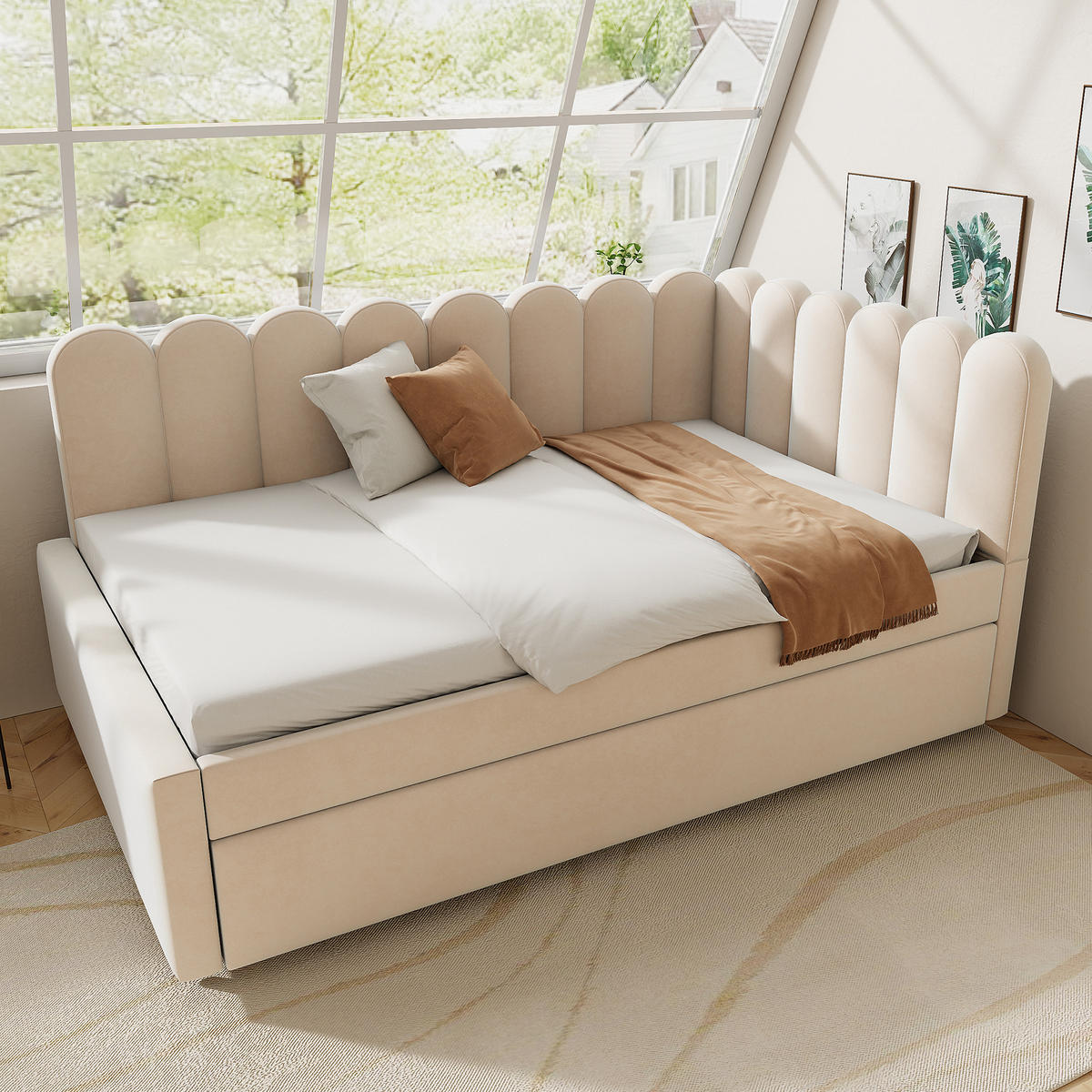POLSTERBETT 140/200 cm mit Ausziehbett, L-Form und blütenblattförmiger Rückenlehne, Beige - Beige, Textil (140/200cm) - Redom