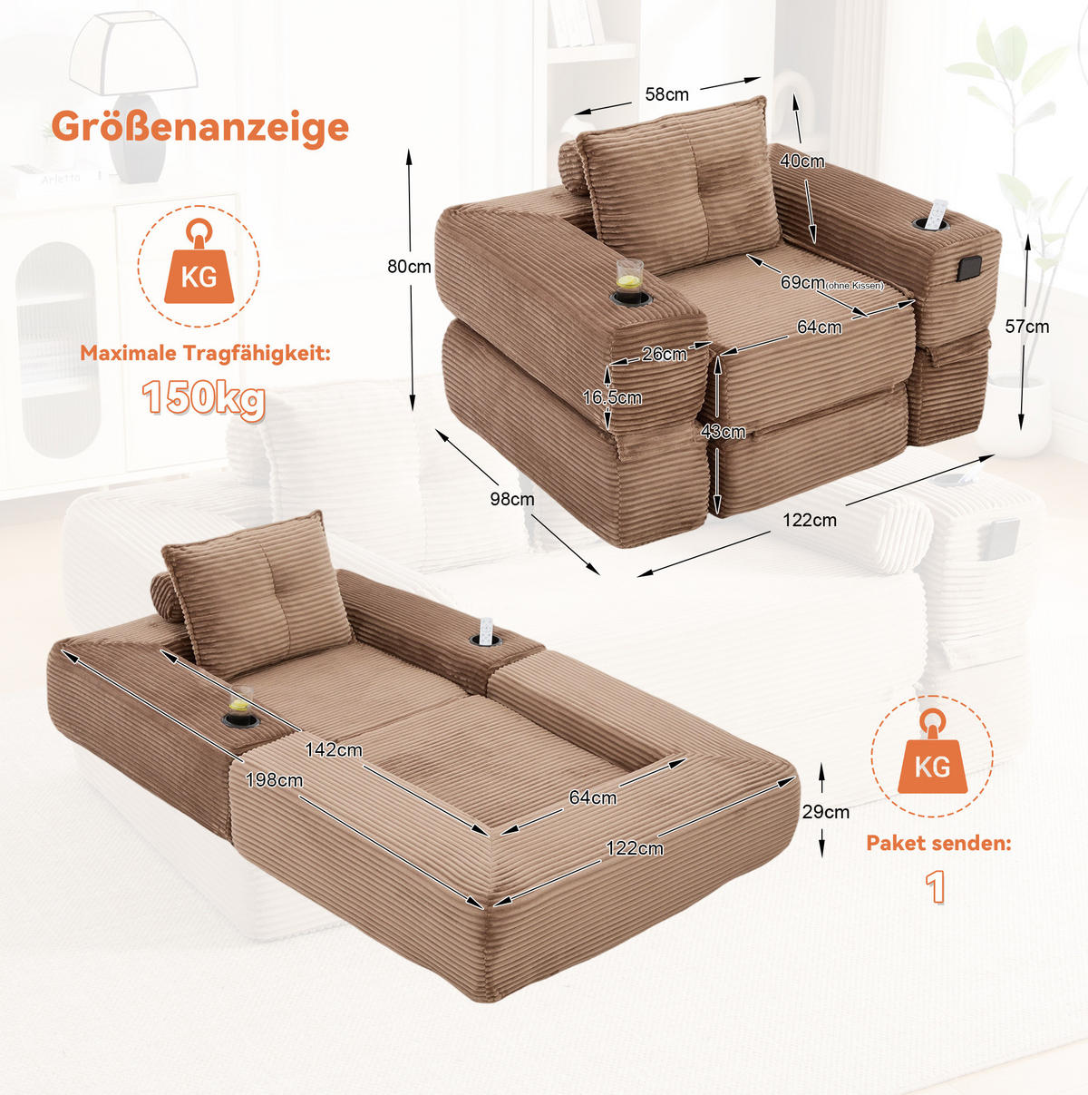SOFA mit Schlaffunktion 122 x 98 x 80 cm Cord Braun - Dunkelbraun, Kunststoff (98/80/122cm) - Meubliv