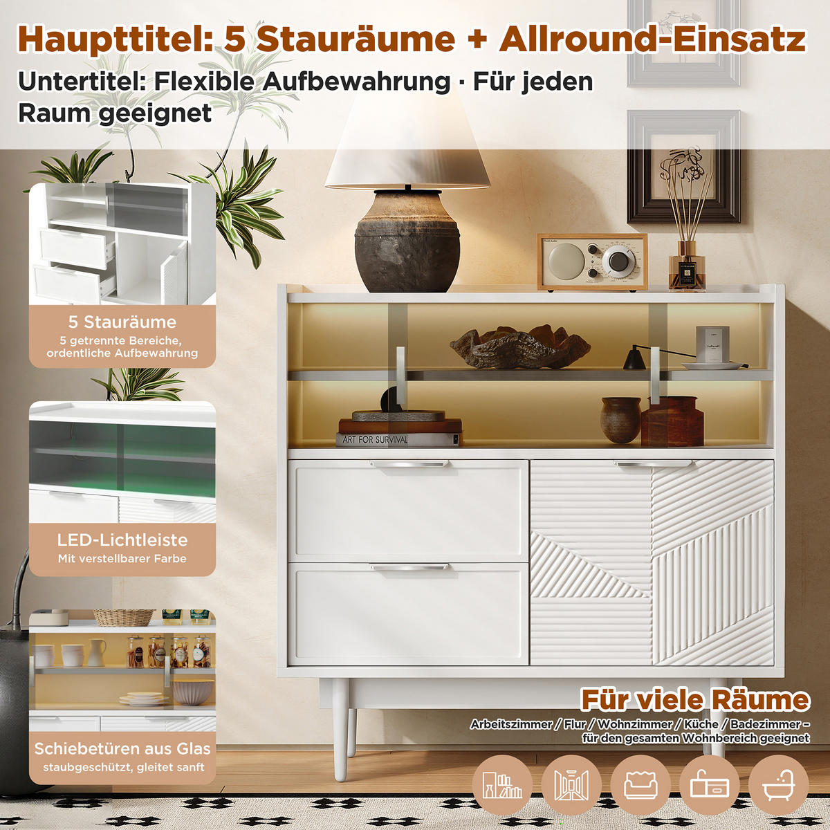 SIDEBOARD in Weiß Aufbewahrungsschrank , mit LED-Lichtleiste Glastür Stauraum Badmöbel B80/T35/H80cm - Transparent/Weiß, Glas/Holzwerkstoff (80/80/35cm) - STILVORA