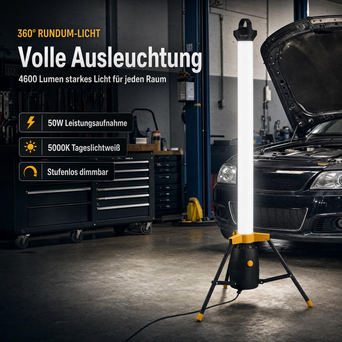 LED-TURM-BAUSTRAHLER - 360° Lichtauslass für Innen- und Außenbereich, dimmbar, 110cm hoch - Gelb/Schwarz, Kunststoff (57/57/113cm) - Northpoint