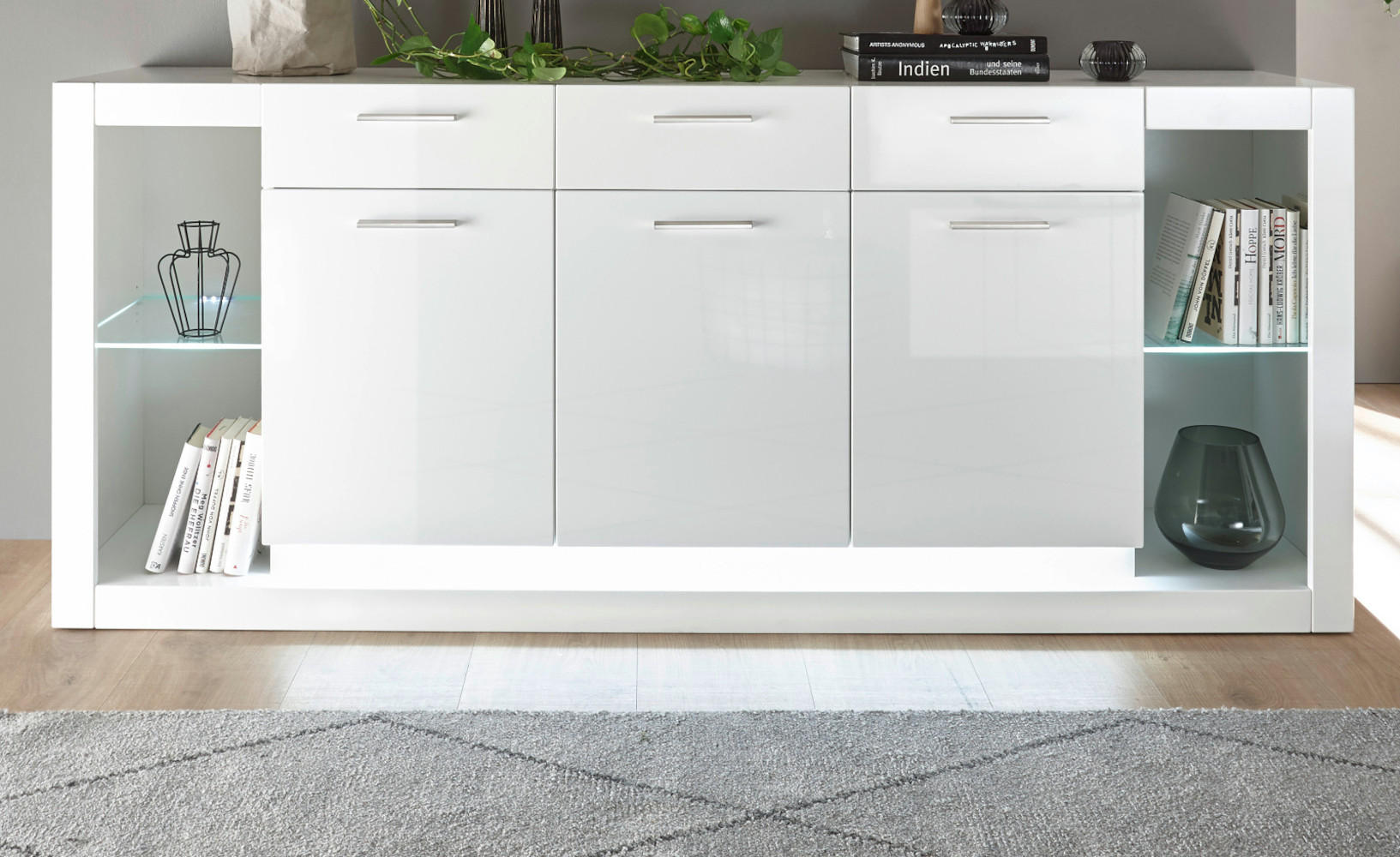 SIDEBOARD weiß Hochglanz 200 cm, große Anrichte mit viel Stauraum - Weiß Hochglanz/Silberfarben, Glas/Holzwerkstoff (198/83/43cm) - Furn.Design