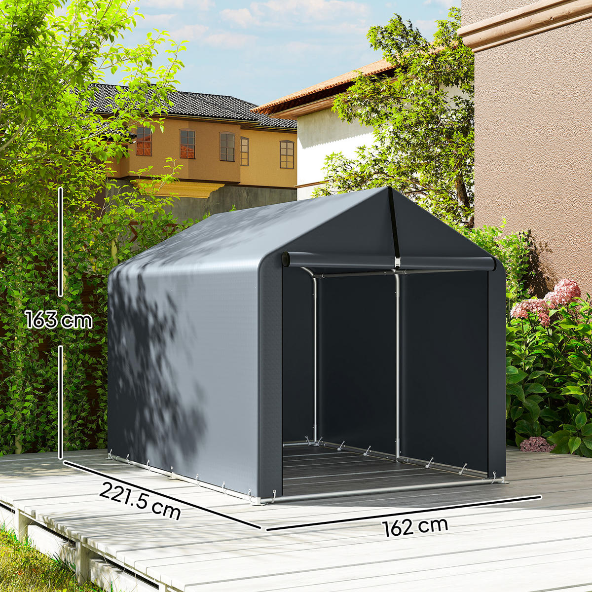 GARAGENÜBERDACHUNG mit verstärkter, wasserdichter Plane und Reißverschlusseingang, 162 x 221,5 x 163 cm, grau - Dunkelgrau, Metall (162/163/221.5cm) - Vallsero